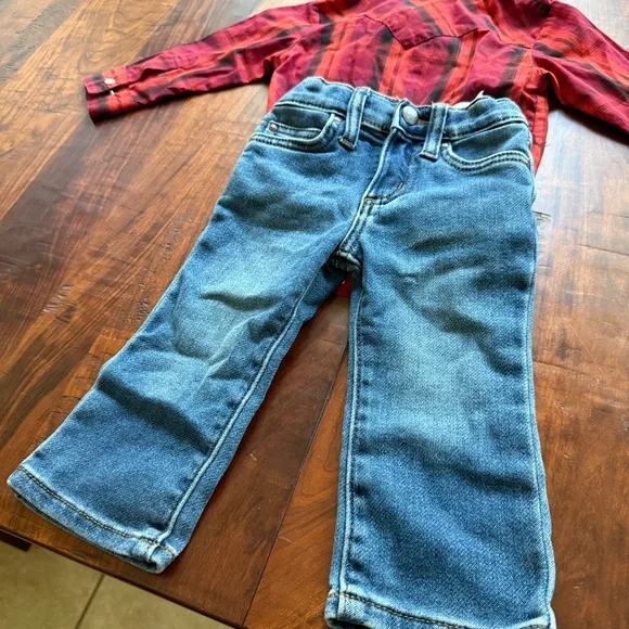 Baby 9-12m WRANGLER EUC Plaid Button-Up onsie and Blue Jeans Set - Picture 7 of 7